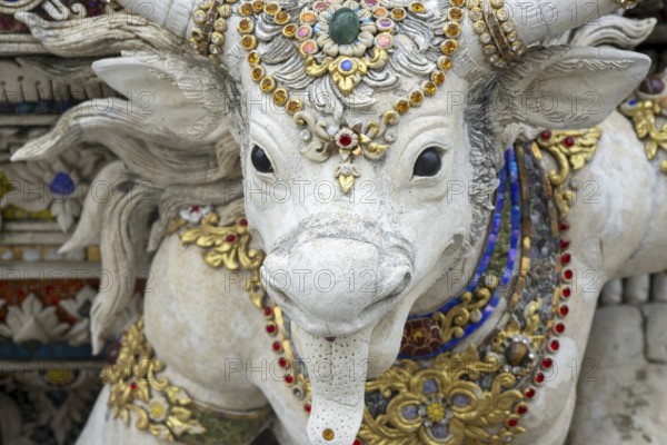 Decorative elements with pop culture references (for example comics, superheroes) in the stucco and porcelain vases outside and inside the art hall with modern art trends such as minimalism and abstraction, Wat Pariwat, Yan Nawa district, Bangkok, Thailand