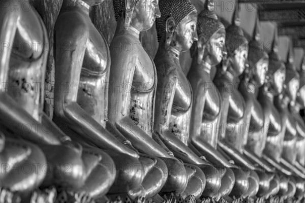 Gilded Buddha statues (Bhumispara mudra: Buddha Gautama at the moment of enlightenment), Wat Suthat Thepwararam, Royal Temple, Phra Nakhon, Bangkok, Thailand