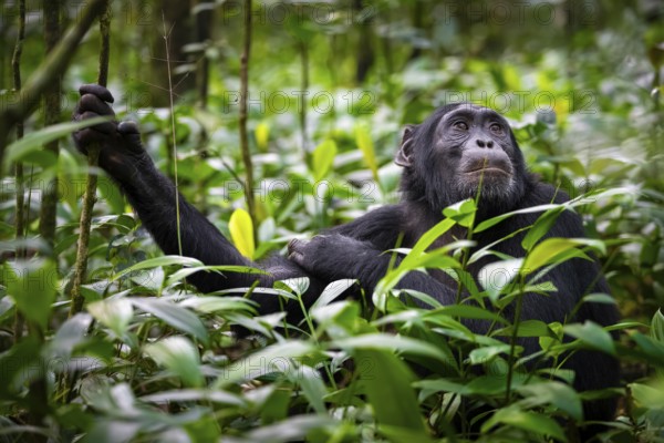 Animal portrait, chimpanzee (Pan Troglodytes) looking longingly, hopeful, adult male between leaves in the jungle, Kibale National Park, Uganda