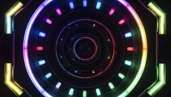 Abstract background of slightly unfocused multicolored glass lenses spinning and rotating, wallpaper illustration in vibrant neon colors, mandala background for business, textures and pattern, AI generated