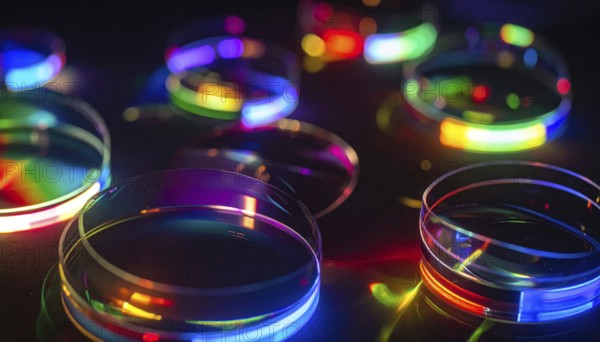 Abstract background of slightly unfocused multicolored glass lenses spinning and rotating, wallpaper illustration in vibrant neon colors, mandala background for business, textures and pattern, AI generated