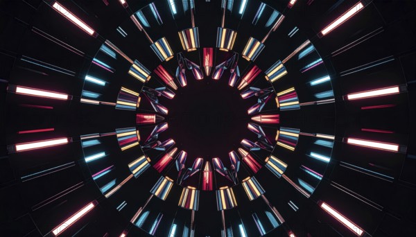 Abstract background of slightly unfocused multicolored glass lenses spinning and rotating, wallpaper illustration in vibrant neon colors, mandala background for business, textures and pattern, AI generated