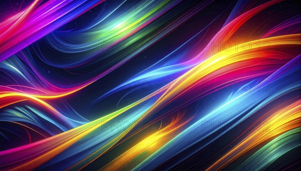 Abstract digital art featuring vibrant, intersecting neon lines creating a geometric pattern, Intersecting neon lines form a vibrant abstract geometric grid against a black background, Seamless looping illustration, colorful diagonal lines, creating a modern dynamic template background, vibrant colored lines and geometric forms for business or technology wallpaper, AI generated