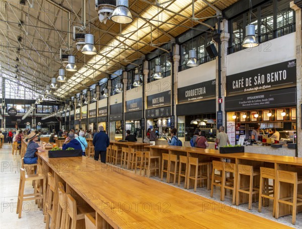 The Mercadeo da Ribeira, also known as TimeOut Market, is the best address for Portuguese specialties and international cuisine. Historic market hall at Cais do Sodré station, Lisbon, Portugal