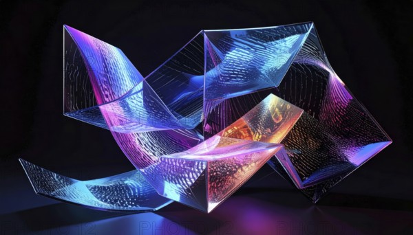 Abstract animation, glass cubes on black background, modern business wallpaper illustration, AI generated