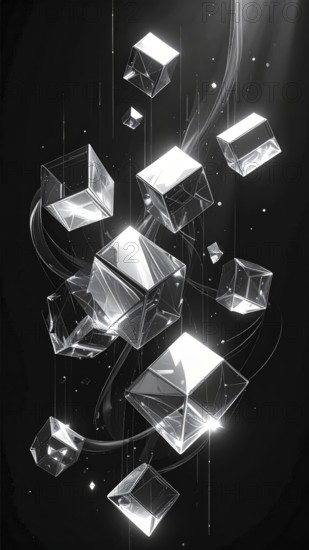 Abstract animation, glass cubes on black background, modern business wallpaper illustration, AI generated