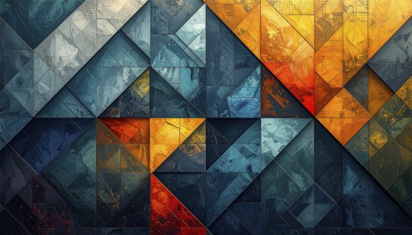Abstract modern template, geometric effect stylized as mosaic tile, vibrant colorful business wallpaper illustration, pattern and textured geometric forms, wall art poster design, AI generated