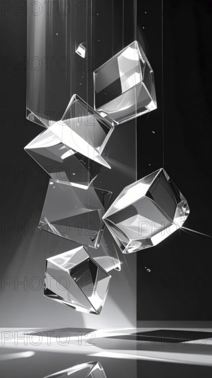 Abstract animation, glass cubes on black background, modern business wallpaper illustration, AI generated