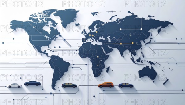Abstract visualization of global rare earth supply network feeding EV industry, world map design, tech aesthetic, clean lines, rare earth for electric vehicles, AI generetaed, AI generated
