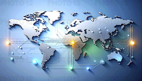 Abstract visualization of global rare earth supply network feeding EV industry, world map design, tech aesthetic, clean lines, rare earth for electric vehicles, AI generetaed, AI generated