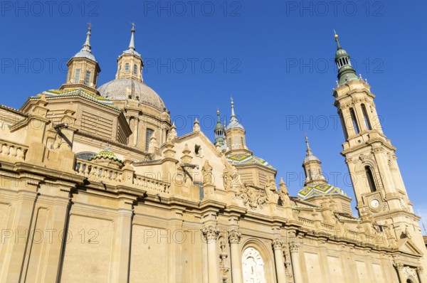 Towers and domes on roof of Basilica of Our Lady of the Pillar cathedral church, Zaragoza, Aragon, Spain