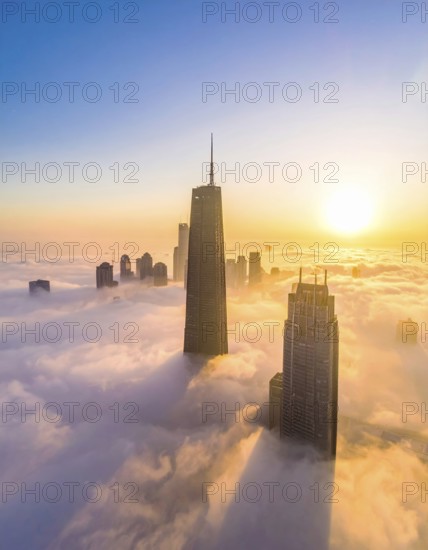 City scape emerging from a dense enveloping fog in sunrise and skyscrapers piercing the haze, big metropolis with skyline, mist on ground, blue sky, city in an aerial view, AI generated