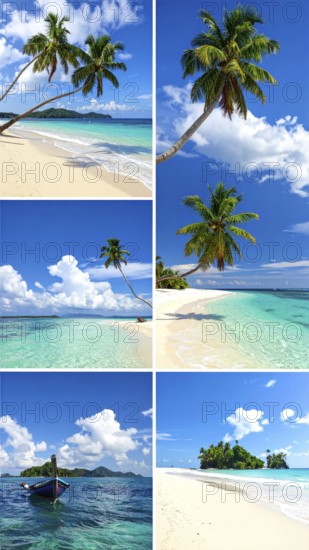 Collage of tropical islands with beach and palm trees, paradise with blue cloudy sky, turquoise water, green plant, sandy shore, wallpaper illustration, template or banner for ecology, sustainability, landscape and travel, AI generated