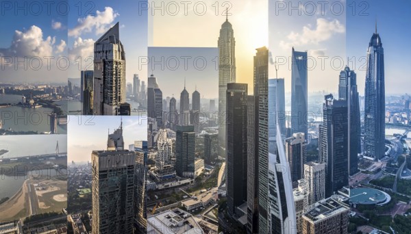 Collage of skyscrapers of a metropolitan city, various skylines with different blue sky in sunset, urban wallpaper illustration background, banner or template for real estate and travel themes, AI generated