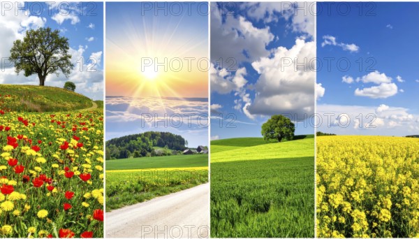 Collage of spring and summer landscapes, blooming flowers, green meadows and trees, hilly landscape with mountains, blue cloudy sky with sunrise or sunset, wallpaper illustration for banner or template background, AI generated