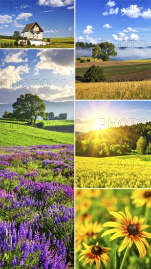 Collage of spring and summer landscapes, blooming flowers, green meadows and trees, hilly landscape with mountains, blue cloudy sky with sunrise or sunset, wallpaper illustration for banner or template background, AI generated