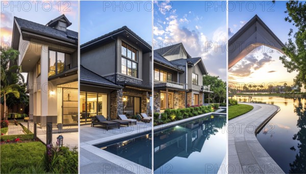 Collage of real estate residential building, modern architecture style, surrounded by green garden, variety of apartments, villas and luxurious homes. blue cloudy sky with sunset or sunrise, conceptual illustration, wallpaper for banner, poster or template, AI generated