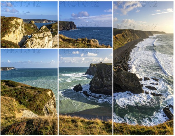 Collage of coastal landscapes with cliffs and shore break, spectacular nature, cloudy sky with beautiful sunset or sunrise, variety of travel destination for road trip or hiking, wallpaper illustration for banner, poster or template, AI generated