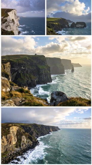 Collage of coastal landscapes with cliffs and shore break, spectacular nature, cloudy sky with beautiful sunset or sunrise, variety of travel destination for road trip or hiking, wallpaper illustration for banner, poster or template, AI generated