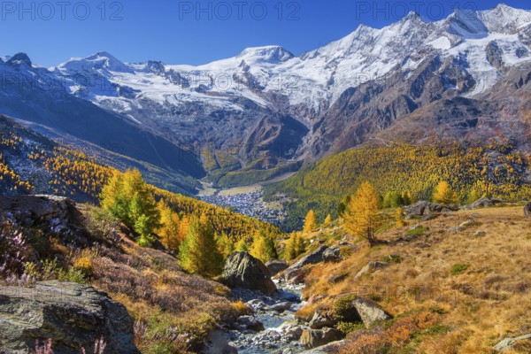 View from Kreuzboden to Saas-Fee with Alalin 4027m, Alphubel 4206m and Mischabel Group 4545m in autumn, Saas-Grund, Saasertal, Valais, Switzerland