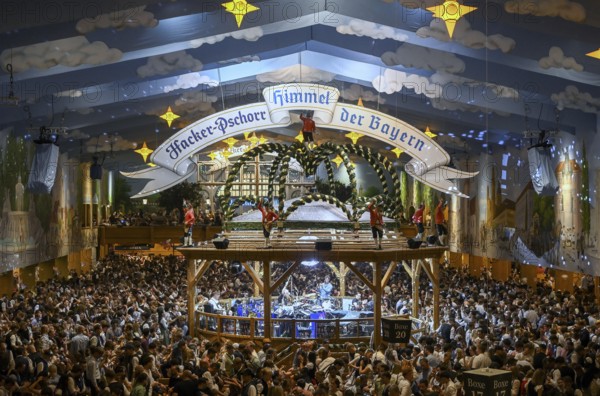 Hacker-Pschorr festival tent, Bavarian sky, interior view, Oktoberfest, Munich, Bavaria, Germany