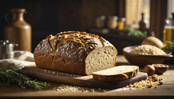 Rustic loaf of whole grain bread, fresh baked, close up of bread on dark wooden table, golden rust, soft lighting with blurred background, symbol for bakery and agriculture, healthy eating background, AI generated