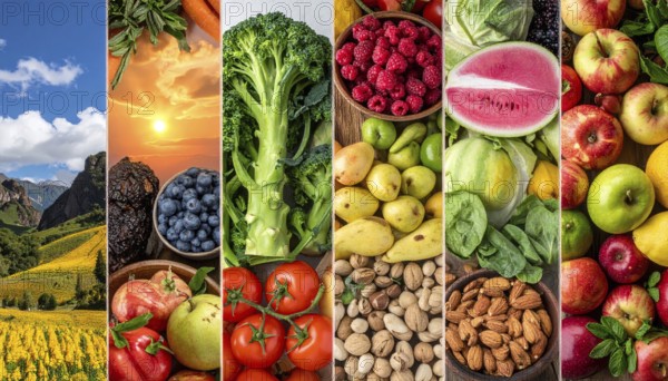 Food collage of various biological and organic fruits and vegetables, fresh healthy lifestyle, with a variety of vitamins, citrus fruits, green and red organic vegetables, kiwi, bananas, apple, avocados, tomatoes and green salad, symbolic background illustration for banner, template or wallpaper, AI generated