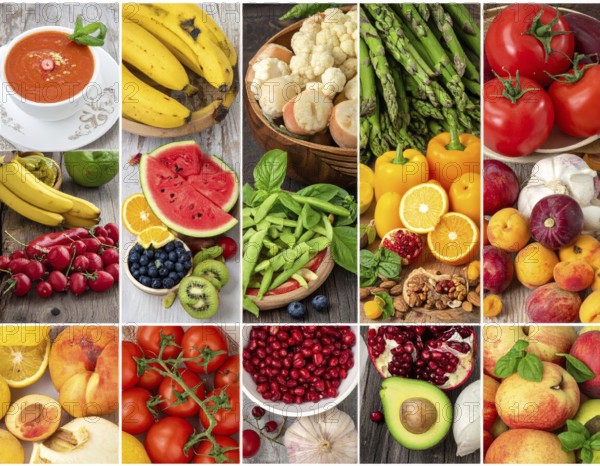Food collage of various biological and organic fruits and vegetables, fresh healthy lifestyle, with a variety of vitamins, citrus fruits, green and red organic vegetables, kiwi, bananas, apple, avocados, tomatoes and green salad, symbolic background illustration for banner, template or wallpaper, AI generated