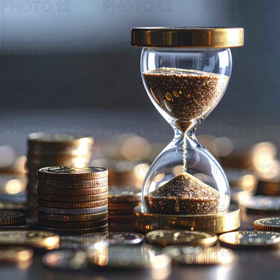 Hourglass and stacked golden coins, illustrating currency fluctuation and time impact commodities value, symbolizing fluctuating finance market changes, business setting, glass with sand on wooden table in the office, blurred background, wallpaper illustration, AI generated