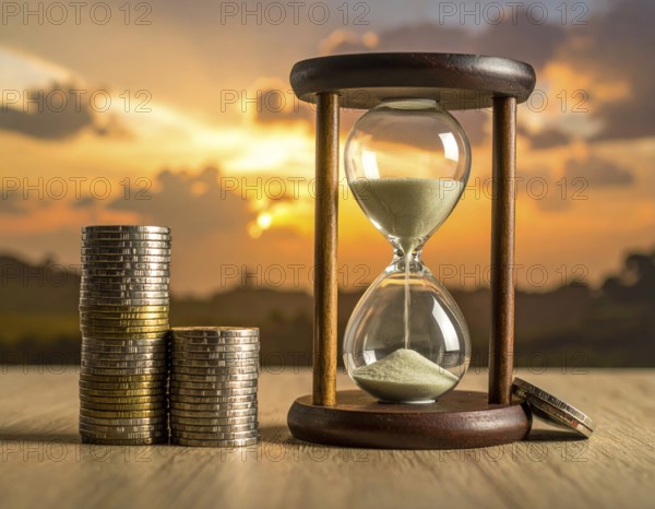 Hourglass and stacked golden coins, illustrating currency fluctuation and time impact commodities value, symbolizing fluctuating finance market changes, business setting, glass with sand on wooden table in the office, blurred background, wallpaper illustration, AI generated