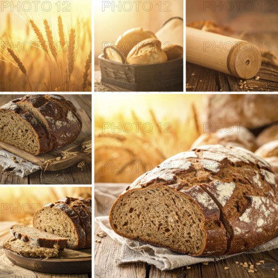 Collage of rustic loaf of whole grain bread, bread on dark rustic wooden table, great variety of grain and whole wheat bread, illustration wallpaper for bakery and healthy food lifestyle, AI generated