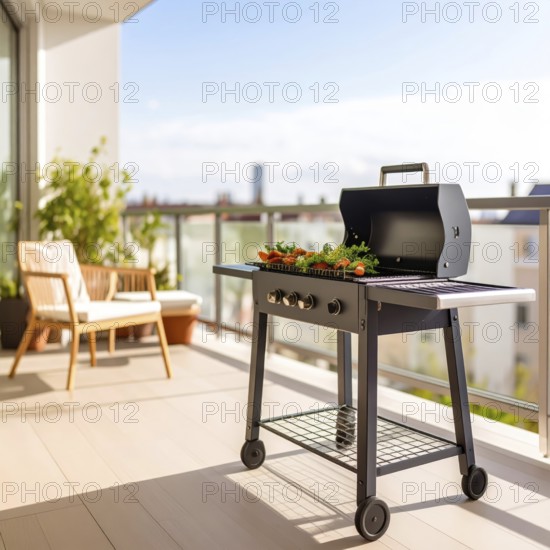 Cooking vegetables on grill on the balcony, healthy lifestyle, vegetarian barbeque, leisure time in summer, suburban setting with blurred background, soft golden light of evening, blue sky, AI generated