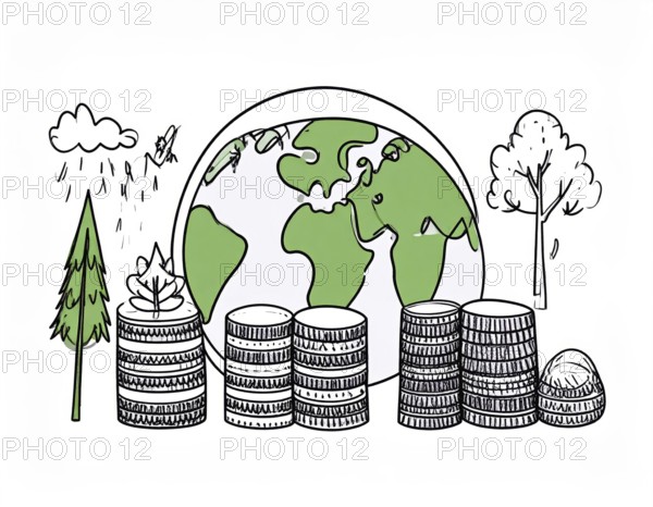 Green earth globe with silver coin stack symbolizing global finance economy and sustainable growth, abstract geometric vector illustration, wallpaper template background, AI generated