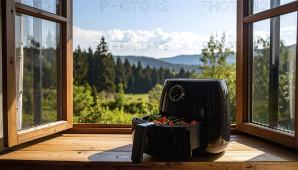 Air fryer with grilled vegetables, wooden table in the kitchen, healthy eating, healthy vegetarian lifestyle with fruits and vegetables, close up with blurred background, soft light, AI generated
