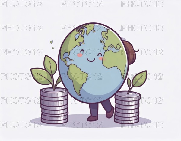 Green earth globe with silver coin stack symbolizing global finance economy and sustainable growth, abstract geometric vector illustration, wallpaper template background, AI generated