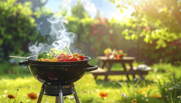 Cooking vegetables on grill outdoors, healthy lifestyle with healthy food, close up of grill with blurred background, soft golden light, picnic in the green park or garden, no people, AI generated