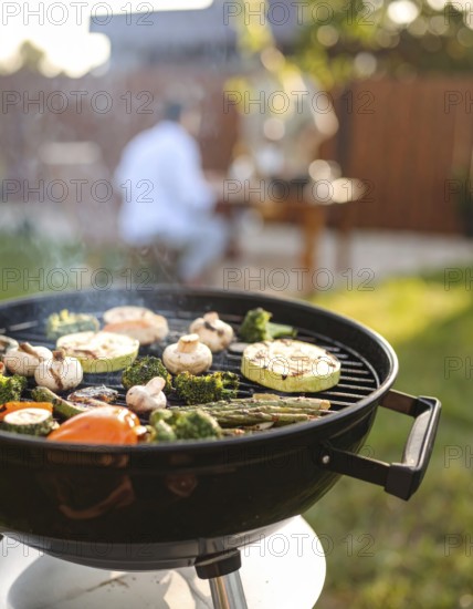 Cooking vegetables on grill outdoors, healthy lifestyle with healthy food, close up of grill with blurred background, soft golden light, picnic in the green park or garden, no people, AI generated