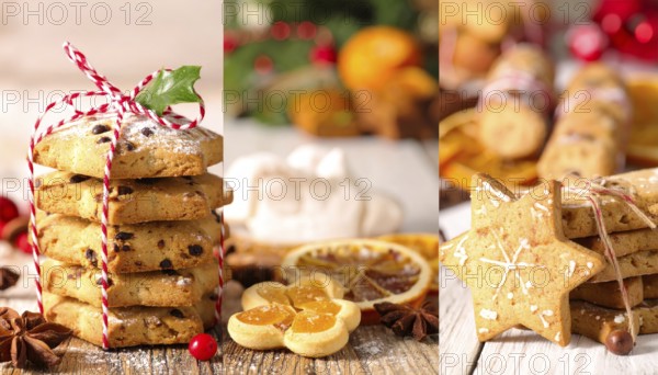 Collage of Christmas cookies and sweets, variation of sweet desserts, lots of unhealthy calories, soft golden light, festive wallpaper background, AI generated