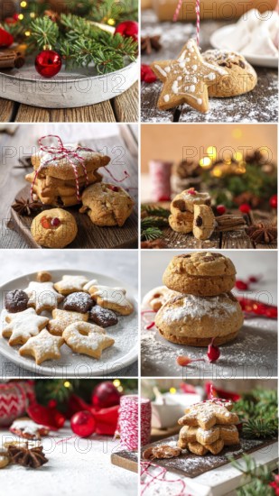 Collage of Christmas cookies and sweets, variation of sweet desserts, lots of unhealthy calories, soft golden light, festive wallpaper background, AI generated
