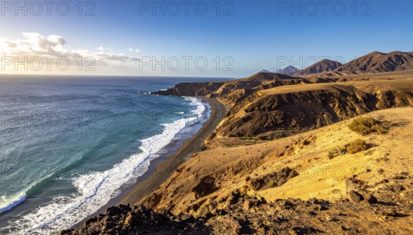 Desert landscape converges with ocean along a rugged coastal area, shore break at cliffs, blue cloudy sky at sunset, dry landscape in an aerial drone view, AI generated