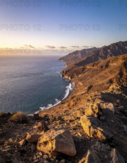 Desert landscape converges with ocean along a rugged coastal area, shore break at cliffs, blue cloudy sky at sunset, dry landscape in an aerial drone view, AI generated
