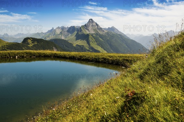 Mountain landscape and picturesque little lake, Saloberkopf, Widderstein, Warth, Bregenzerwald, Vorarlberg, Alps, Austria