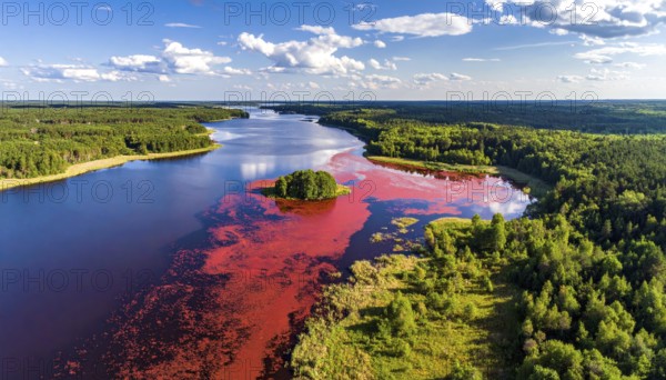 Red algae plant on the lake. abstract ecology nature concept, wild landscape with vibrant red colored water and green forest on a sunny day in summer, Aerial view, wilderness nature with no people around, AI generated