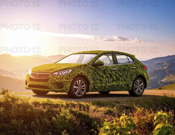 Car formed by green leaves and branches. Sustainable Car technology, ecology concept in harmony with nature, abstract wallpaper illustration, AI generated
