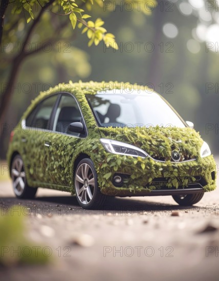Car formed by green leaves and branches. Sustainable Car technology, ecology concept in harmony with nature, abstract wallpaper illustration, AI generated