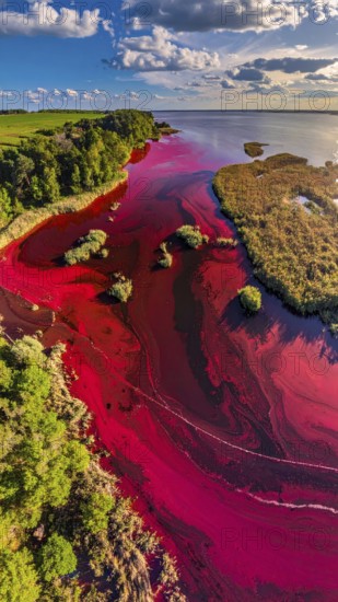 Red algae plant on the lake. abstract ecology nature concept, wild landscape with vibrant red colored water and green forest on a sunny day in summer, Aerial view, wilderness nature with no people around, AI generated