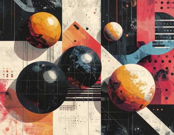 Vector art illustration, spheres, rectangles, triangles and geometric pattern, vector wallpaper illustration, textured background in vibrant colors, abstract drawing, simple artwork design for template or banner, AI generated