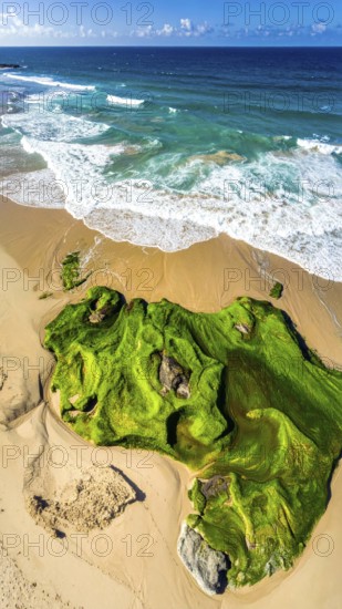 Green algae on the sandy shore of an ocean. Fascinating phenomenon of wild coastline with green plants, white sands, stone, blue water and cliffs, Aerial view of a beautiful abstract unreal and textured landscape, AI generated