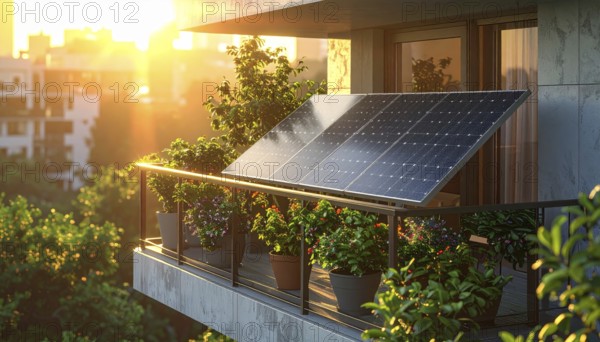 Sunlight Glinting Off Solar Panels on Contemporary Apartment Balcony, energy solution, concept of sustainable energy and environment protection, AI generated