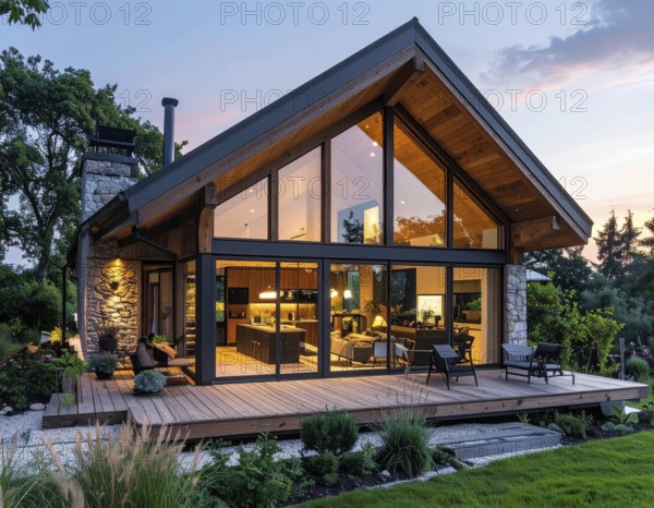 Modern Extension on a Traditional Cottage with Glass and Wood Architecture, green garden with plants and trees in the wilderness, evening soft twilight, on a clear sky, lights insight, AI generated